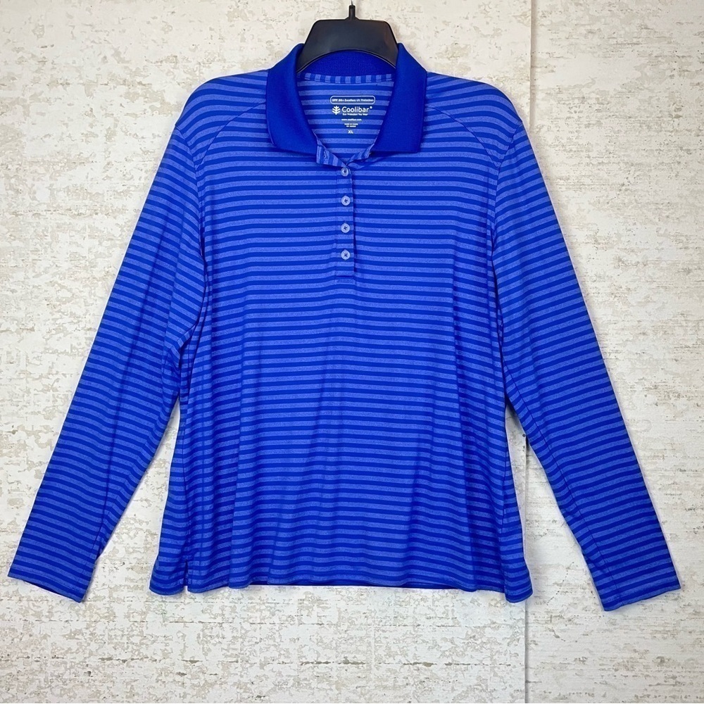 COOLIBAR Womens UPF 50+ Long Sleeve Polo XL Blue Striped